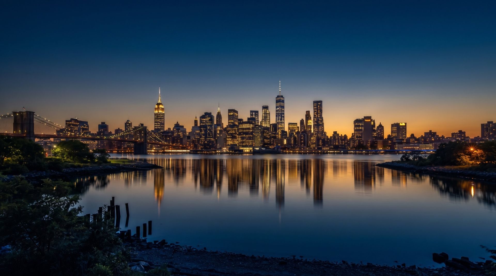 New York skyline at dusk across the river