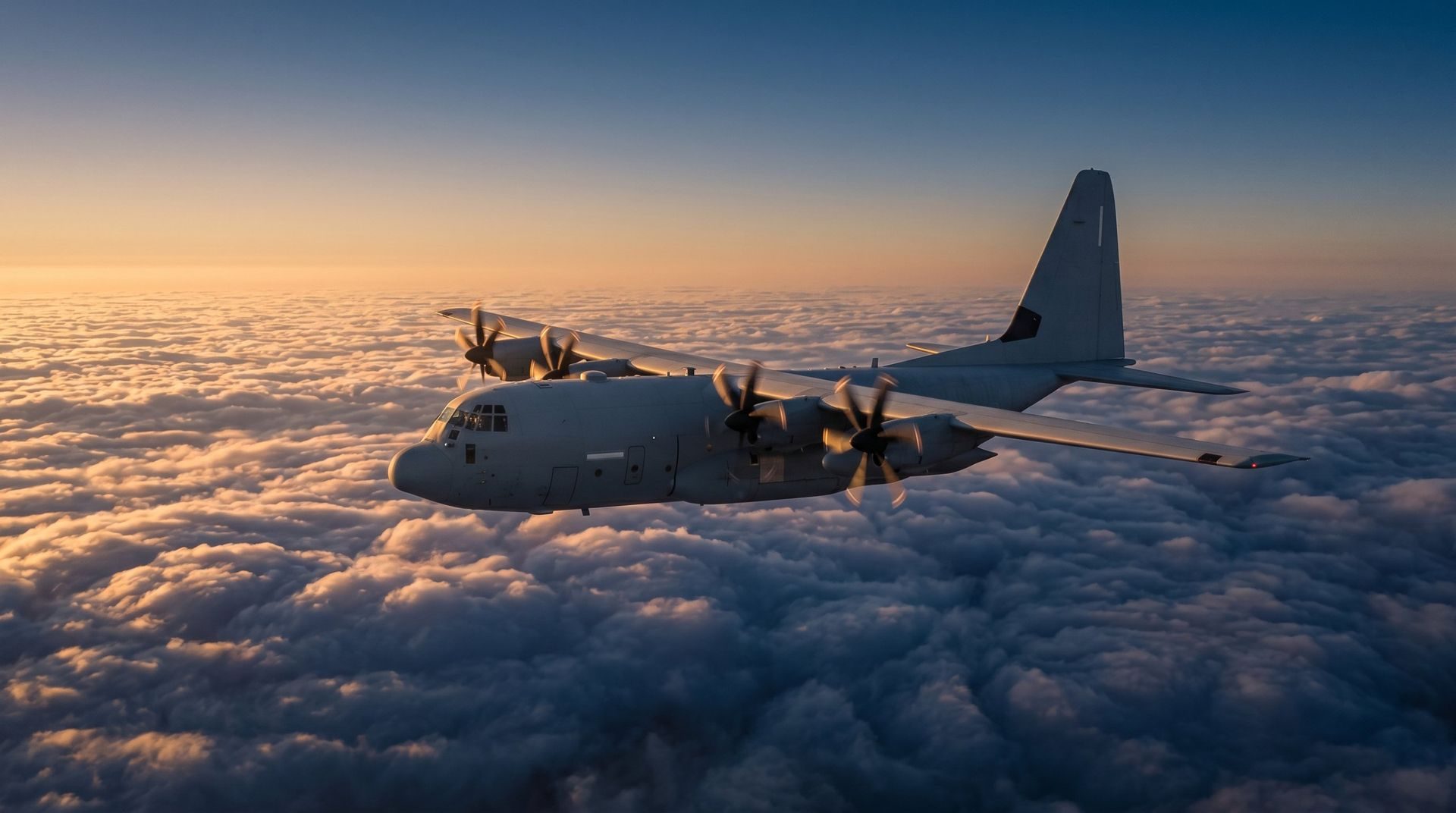 Transport aircraft flying above the clouds at sunset