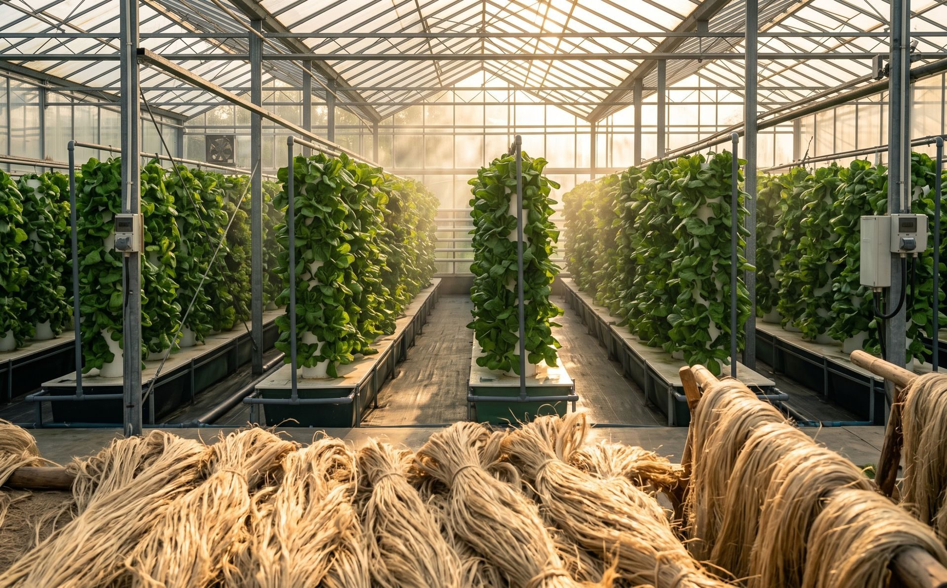 Vertical tower gardens in a greenhouse with jute bundles