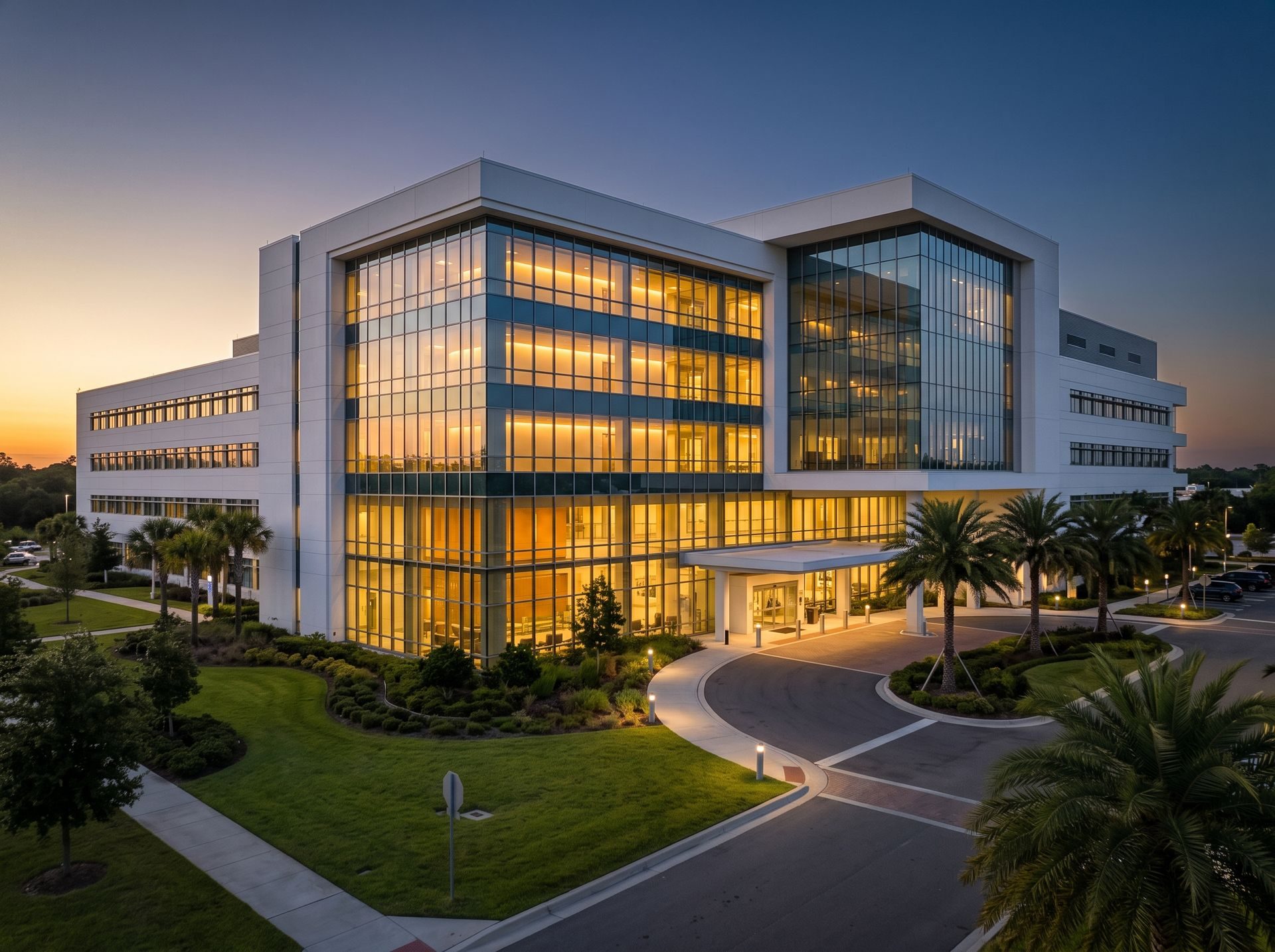 Modern hospital campus with landscaped gardens at dusk