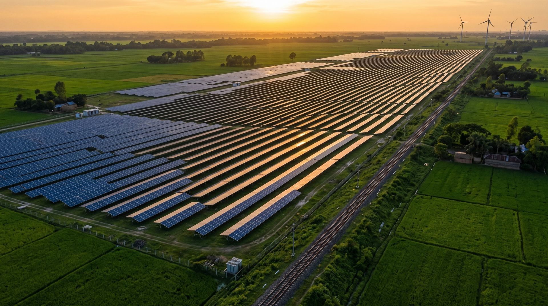 Solar power plant beside a railway line at sunset