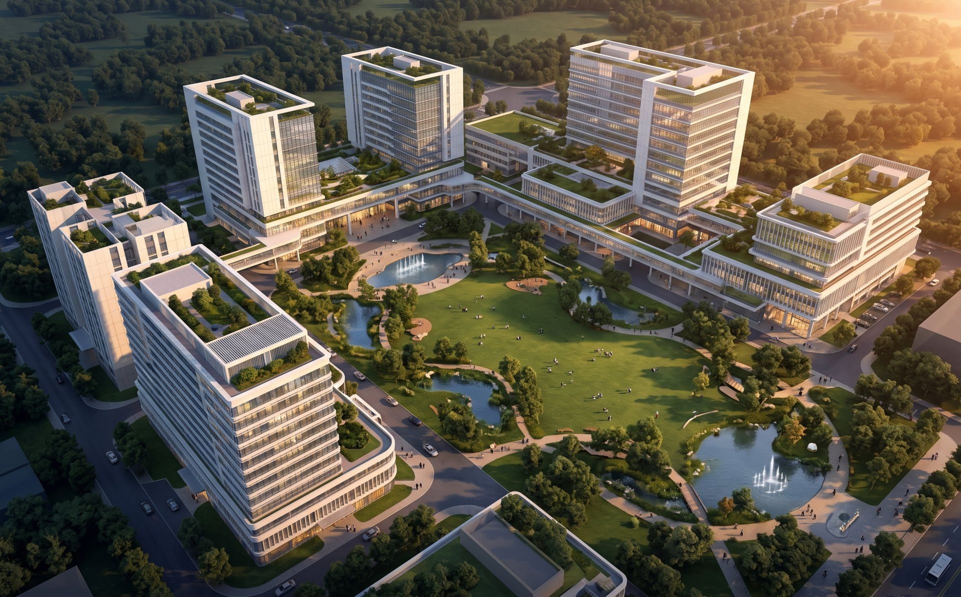 Medical satellite city with hospital towers around a park