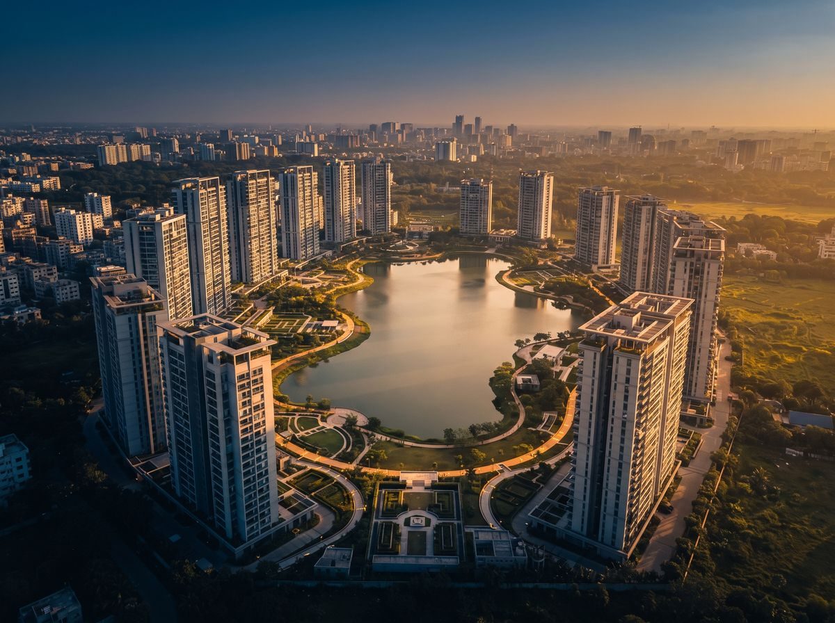 Residential towers around a landscaped lake
