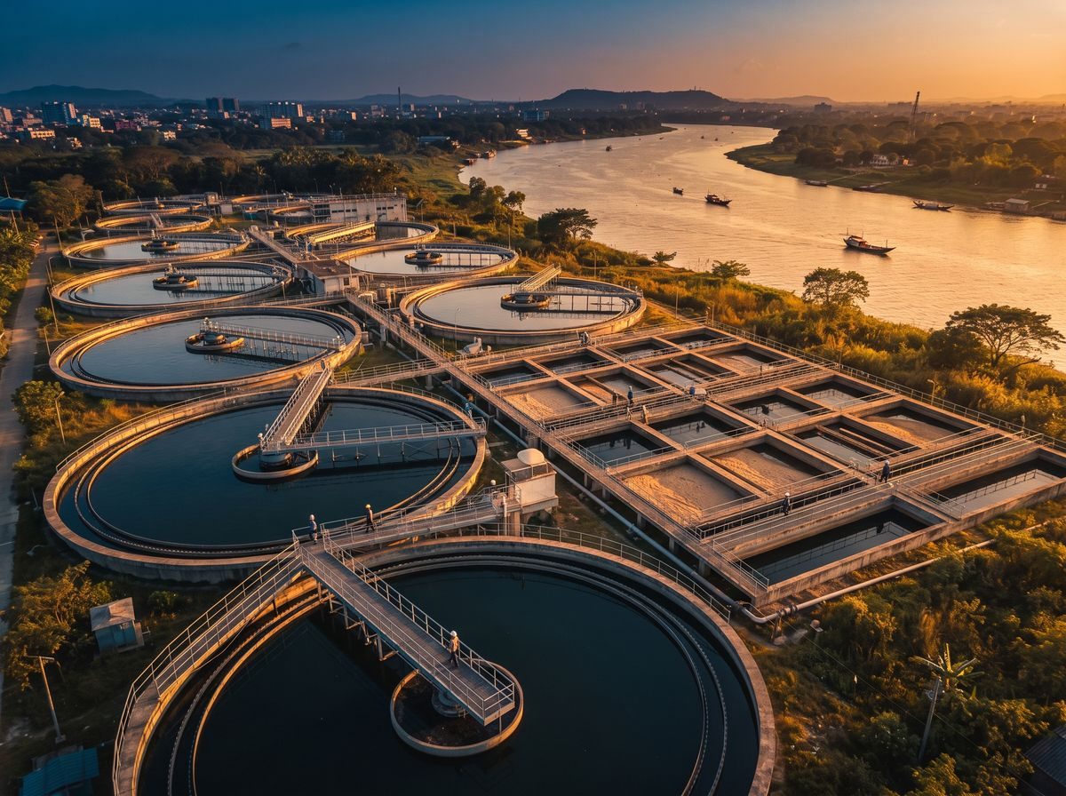 Water treatment plant beside a river at sunset