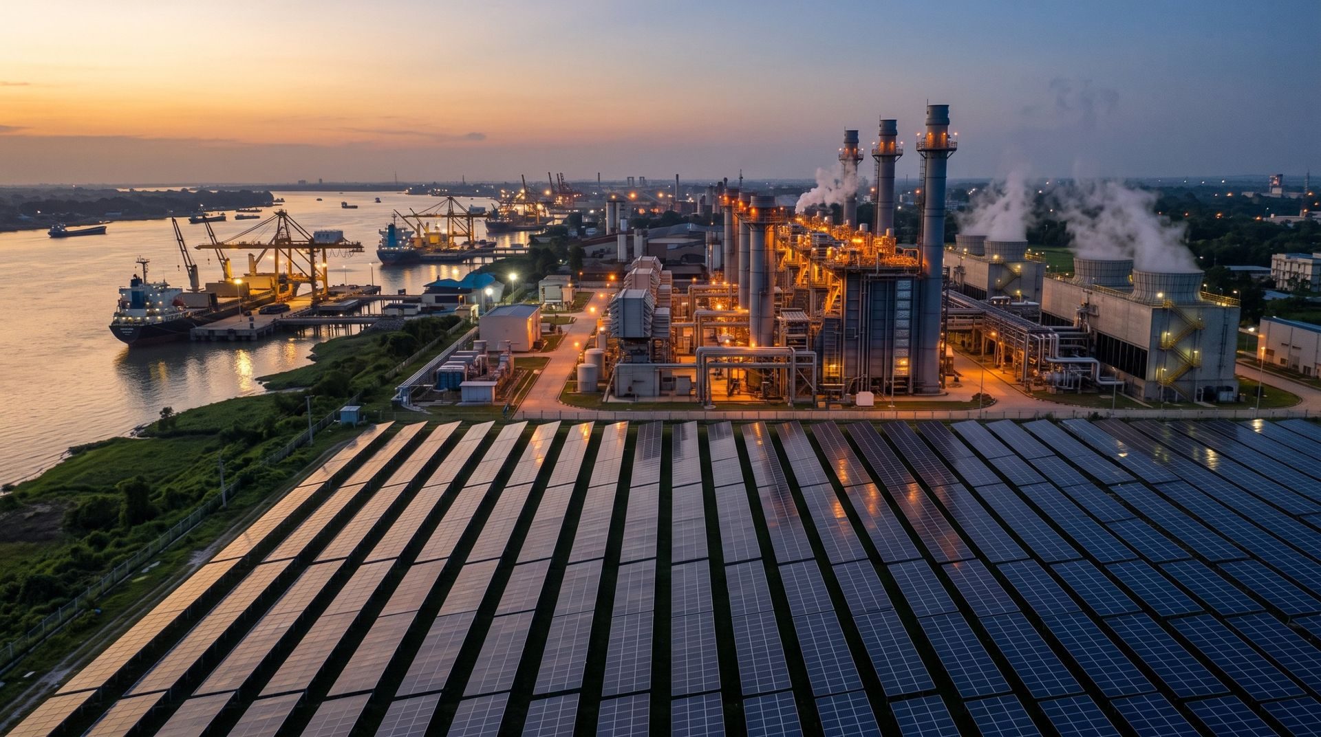 Power station beside a river port with solar panels in front