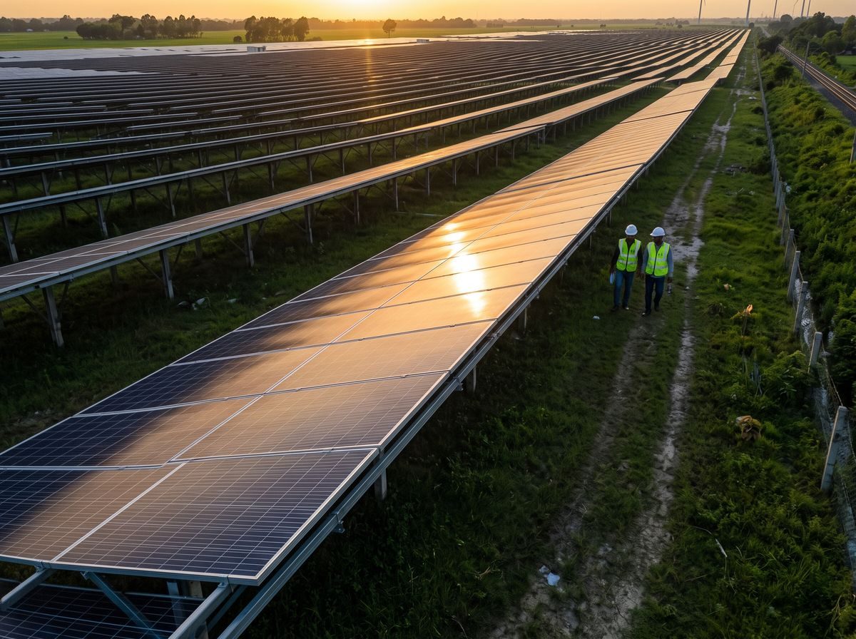 Engineers walking beside rows of solar panels