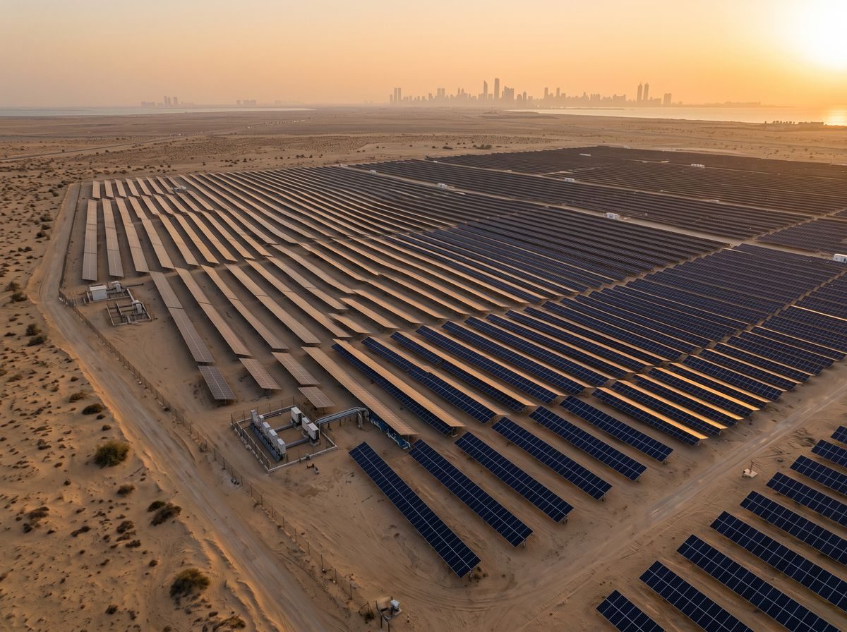 Desert solar plant near a Gulf city skyline