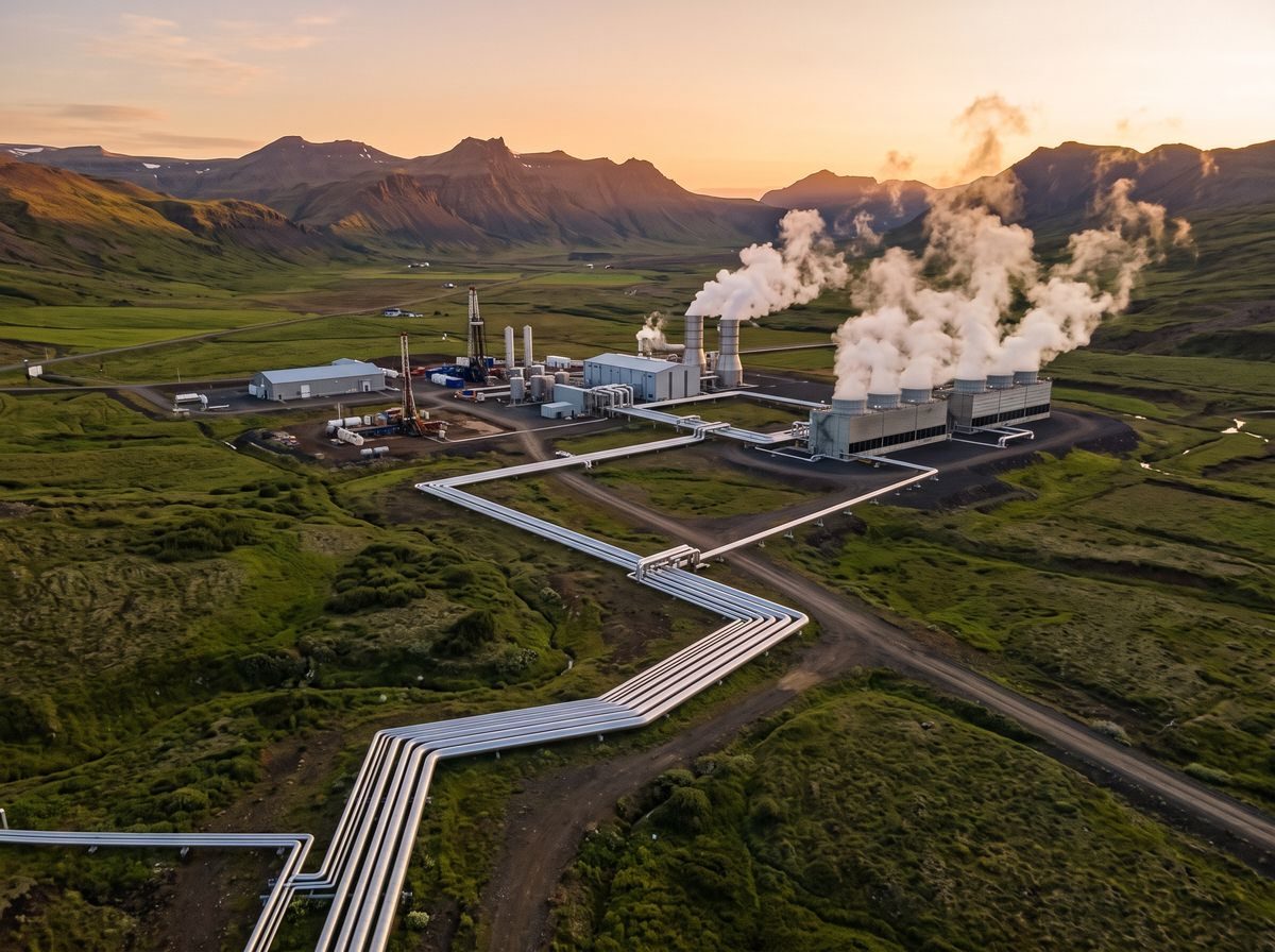 Geothermal plant with steam pipelines in a valley