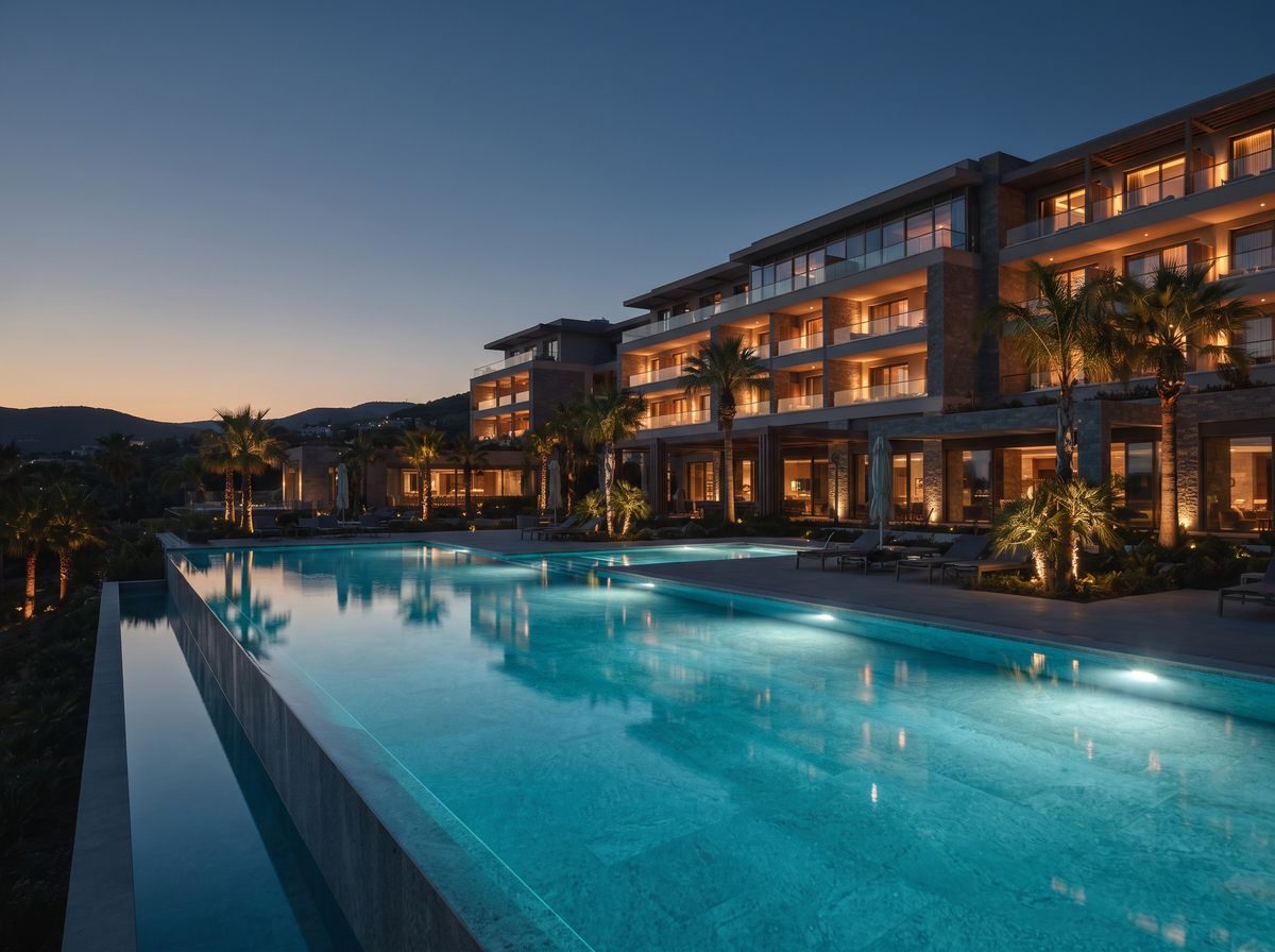 Resort hotel with an infinity pool at dusk
