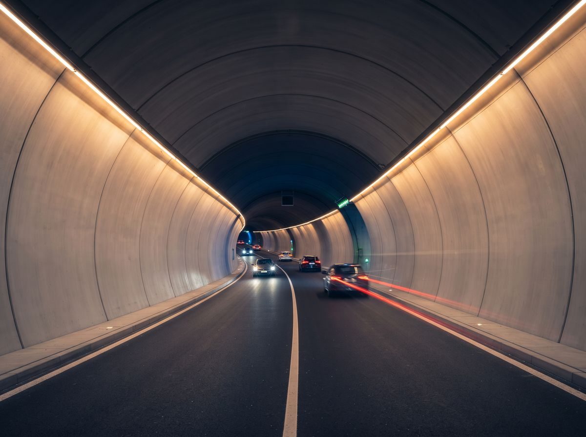 Interior of a modern road tunnel with LED lighting