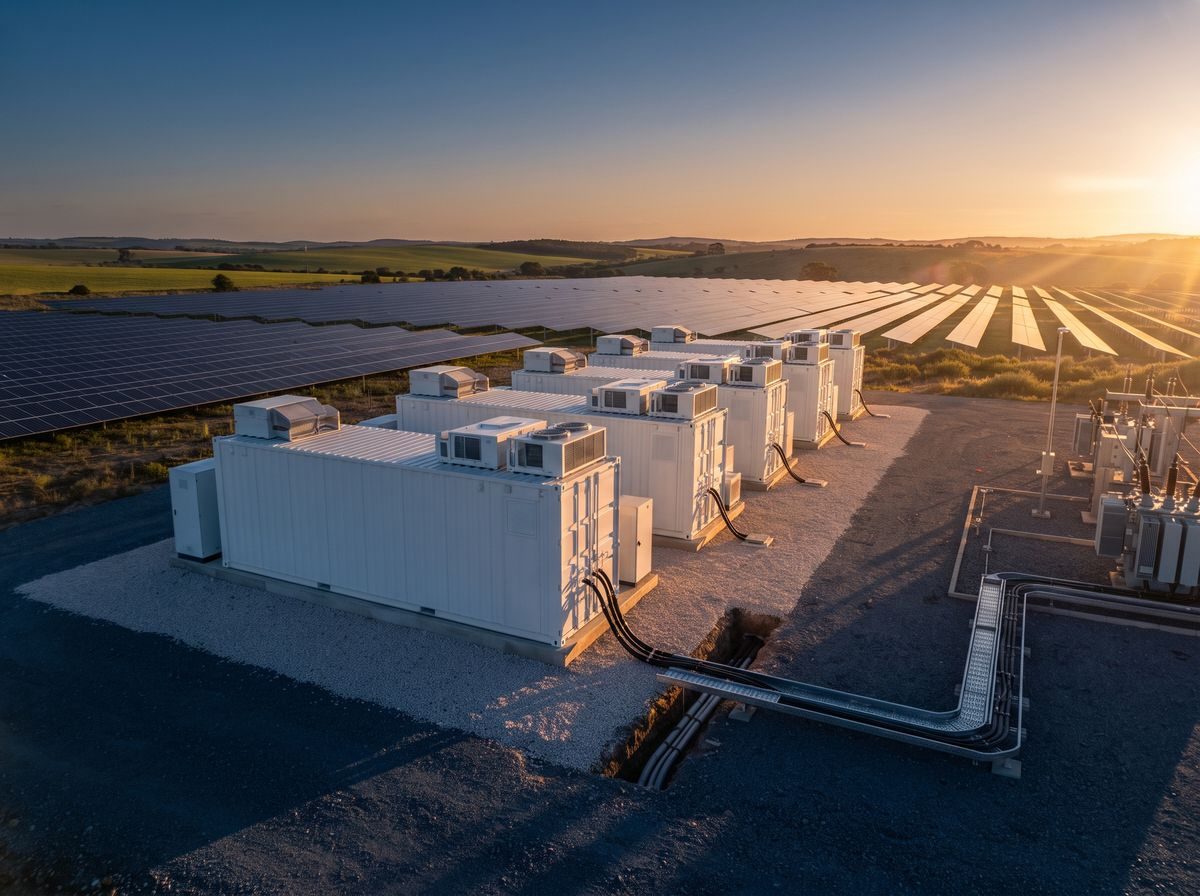 Battery energy storage containers beside a solar farm