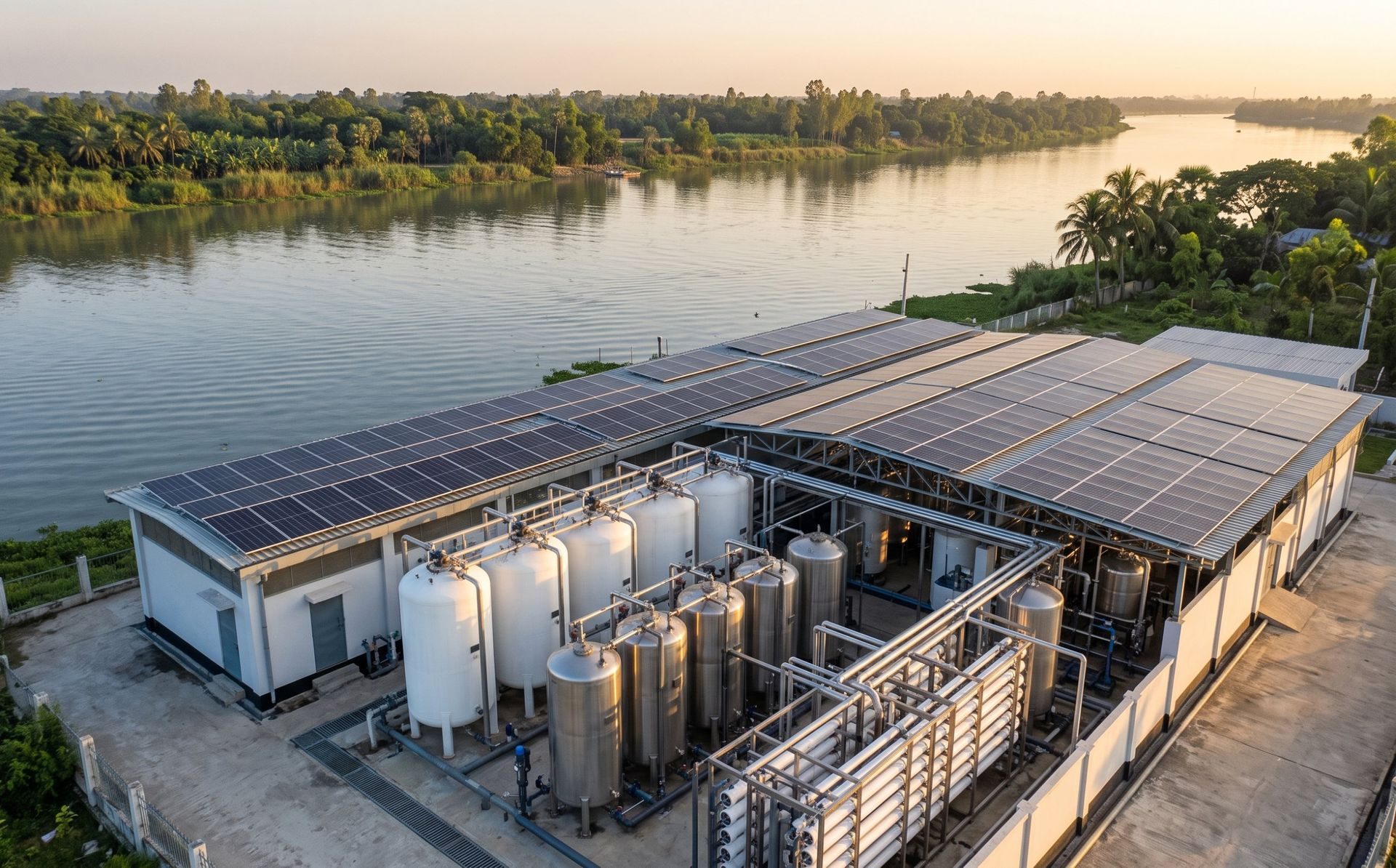 Solar-powered water purification plant beside a river