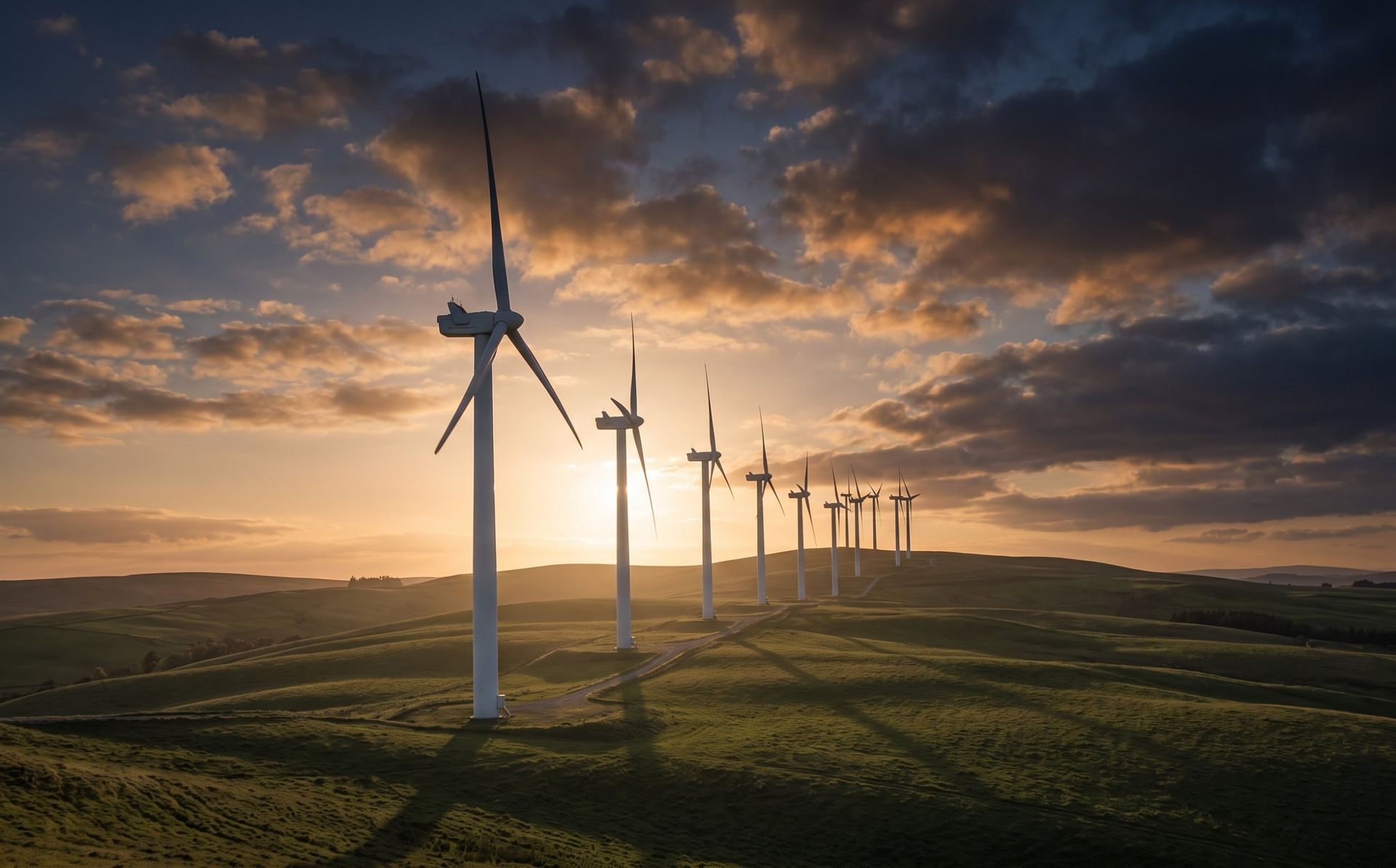 Row of wind turbines on green hills at dusk